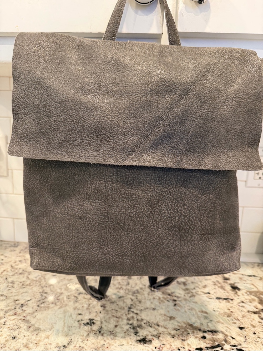 Eileen Fisher Gray Fold-Over Leather Backpack - Picture 14 of 15